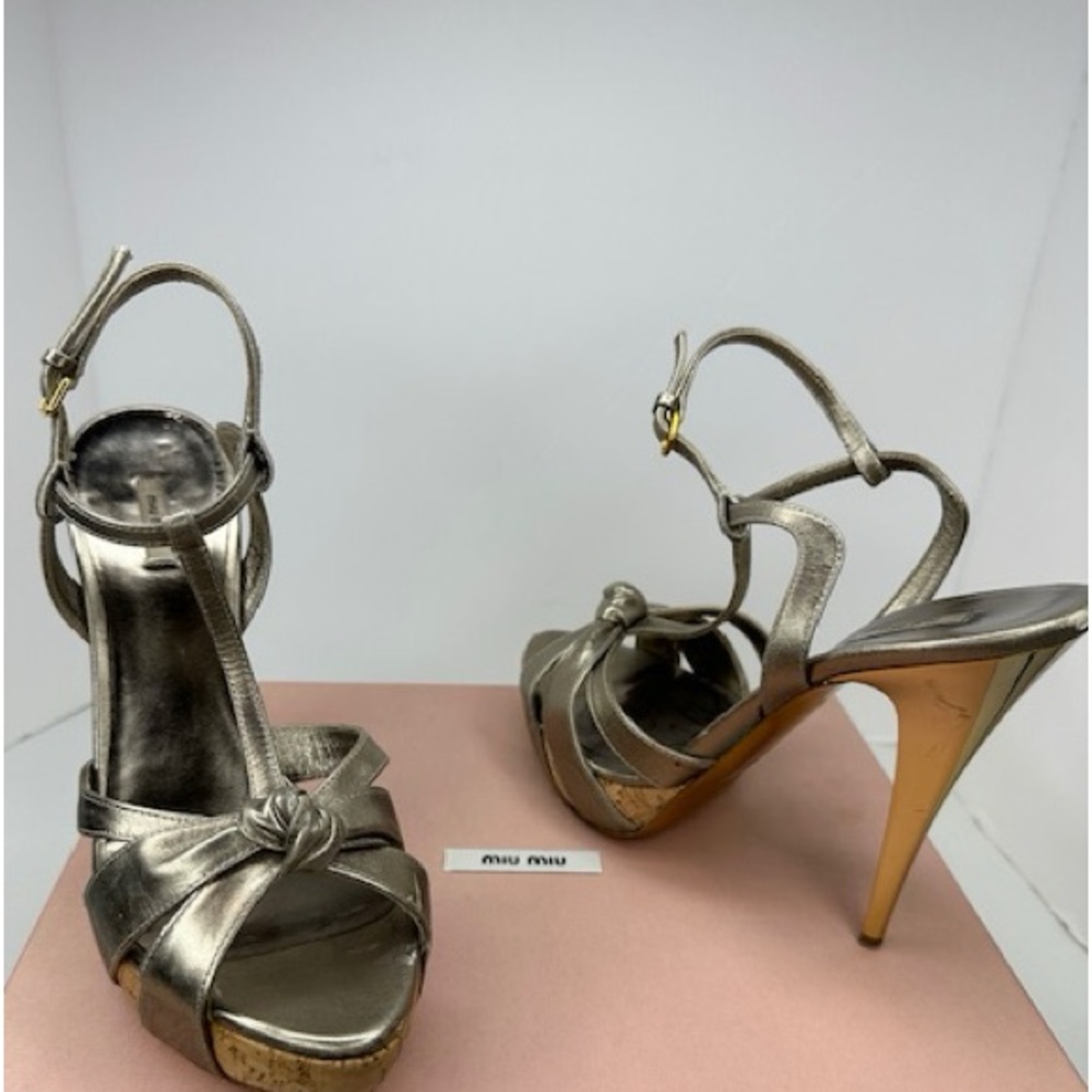 Miu Miu gold metallic pewter cork platform heel sandals size 38.5 / 8.5